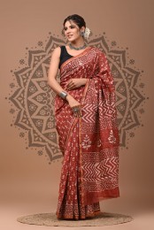  Chanderi Silk Saree - Hand Block Orange Boota 