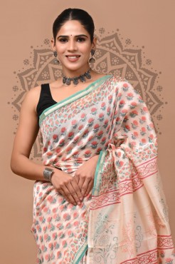  Sanganeri Chanderi Silk Saree - Peach Boota 