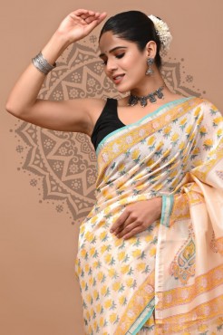  Sanganeri Chanderi Silk Saree - White Yellow 