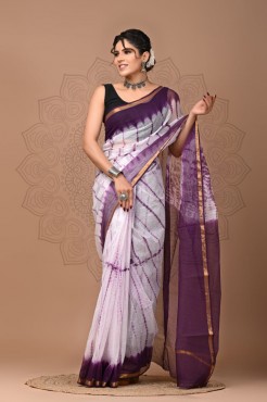  Kota Doriya Tie And Dye Print Saree, White Purple, Cotton Saree 