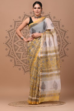  Kota Doriya Dabu Print Saree, Yellow White, Cotton Saree 