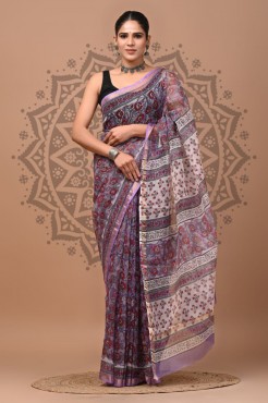  Kota Doriya Dabu Print Saree, Purpleprint, Cotton Saree 