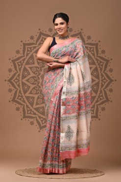  Maheshwari Silk Saree - Hand Block Pink White 