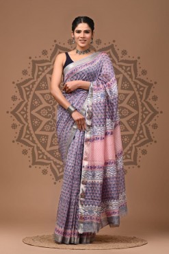  Maheshwari Silk Saree - Hand Block Pink Purple 