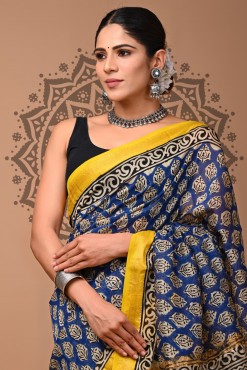  Maheshwari Silk Saree - Hand Block Blue Flower Motif 