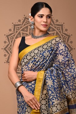  Maheshwari Silk Saree - Hand Block Blue Yellow 