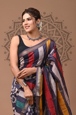  Maheshwari Sarees With  - Batik Printed Vertical Stripes And Design 