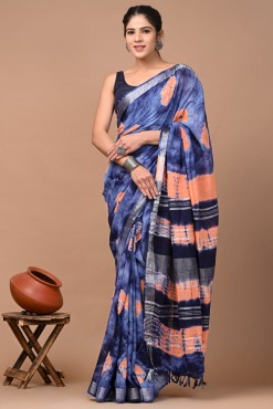  Nu_linen Shibori Blue Peach Saree 