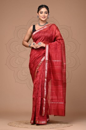  Maheshwari Silk Saree - Hand Block  Red 