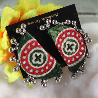  Handmade Ajrakh Fabric Chandra Earrings Green 