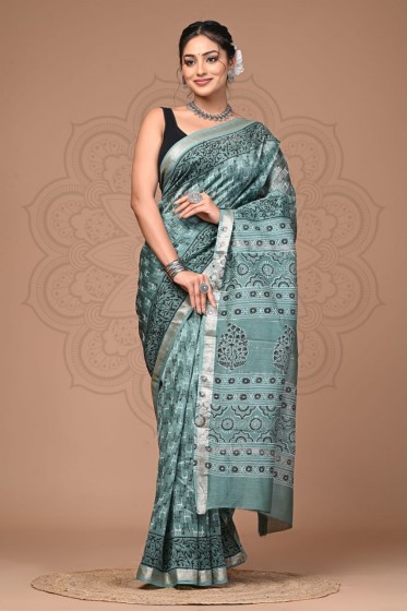  Maheshwari Silk Saree - Hand Block  Green Green 