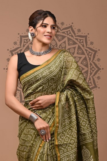  Chanderi Silk Saree - Hand Block Olive 