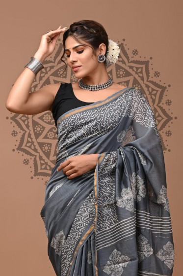  Chanderi Silk Saree - Hand Block Grey Rangoli 