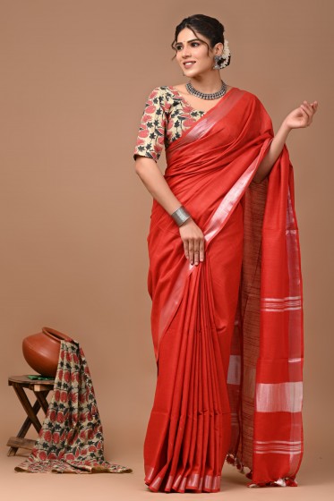  Nu_linen Red Saree 