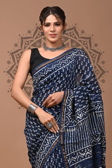  Chanderi Silk Saree - Hand Block Indigo Boota 