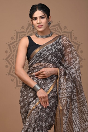  Kota Doriya Dabu Print Saree, Browngrey, Cotton Saree 