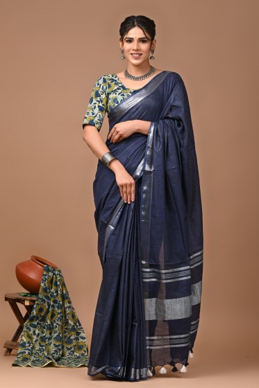  Nu_linen Navy Saree 