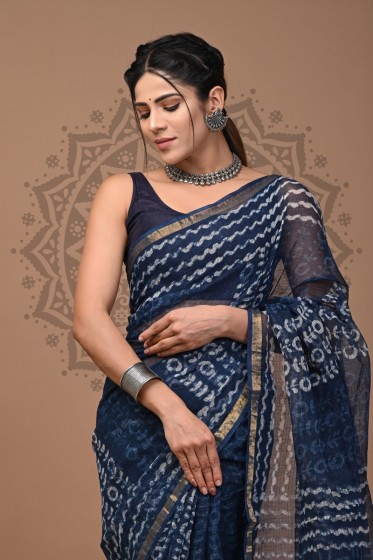  Kota Doriya Dabu Print Saree, Indigo, Cotton Saree 