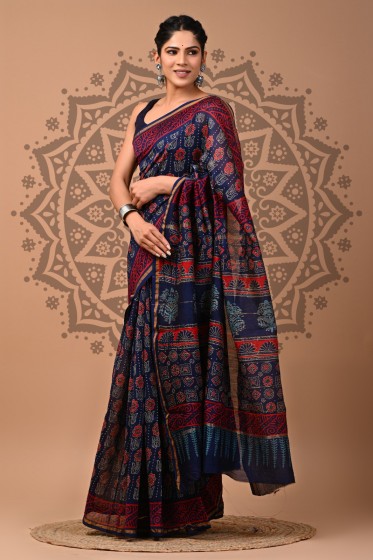  Chanderi Silk Saree - Hand Block Blue Flower 