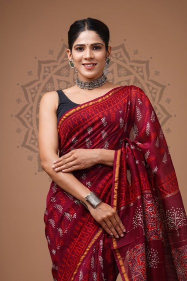  Chanderi Silk Saree - Hand Block Maroon Leaves 