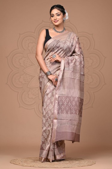  Maheshwari Silk Saree - Hand Block Chocolate 