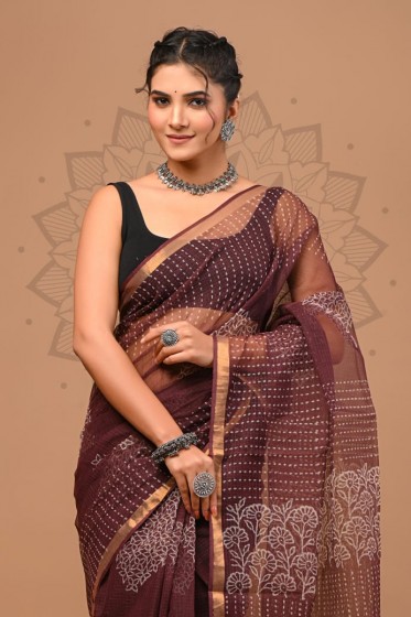  Kota Doriya Dabu Print Saree, Brown, Cotton Saree 