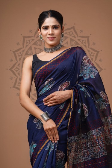  Chanderi Silk Saree - Hand Block Blue Brahmkamal 