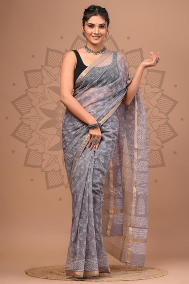  Kota Doriya Dabu Print Saree,grey, Cotton Saree 