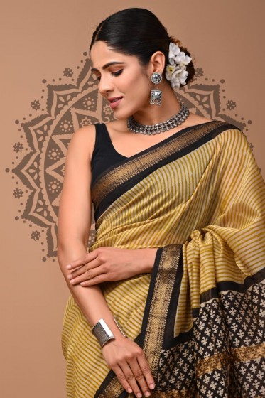  Maheshwari Silk Saree - Hand Block Biscuit Black 