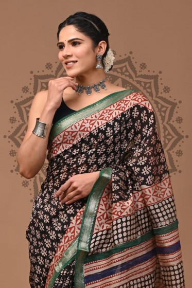  Maheshwari Silk Saree - Hand Block Black Booti 