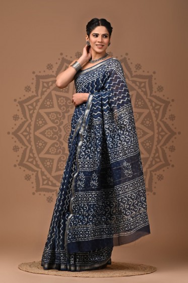  Maheshwari Silk Saree - Hand Block Blue Chevron 