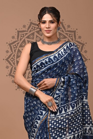  Chanderi Silk Saree - Hand Block Indigo Tides 