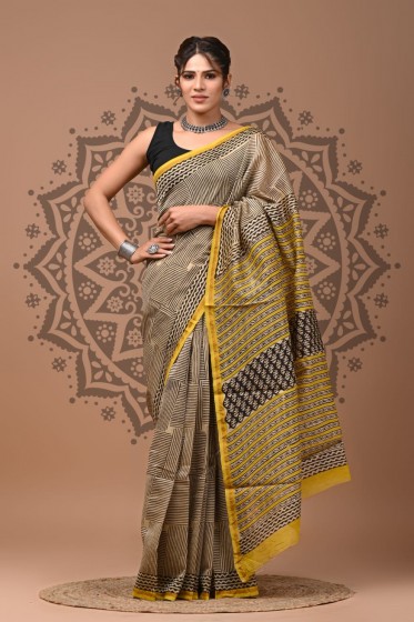  Chanderi Silk Saree - Hand Block Checkmate 