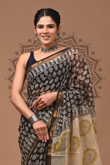  Kota Doriya Dabu Print Saree, Black, Cotton Saree 