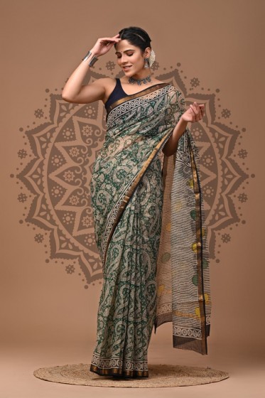  Kota Doriya Dabu Print Saree, Darkgreenfloral, Cotton Saree 