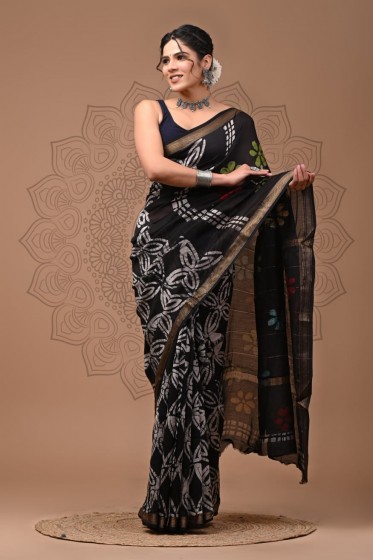  Maheshwari Silk Sarees With  - Batik Printed  Black  