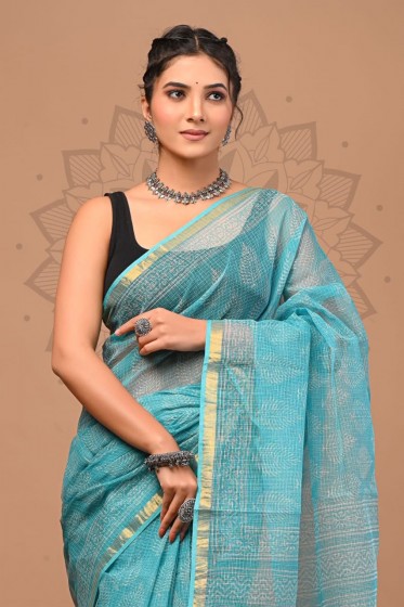  Kota Doriya Dabu Print Saree, Cyan, Cotton Saree 