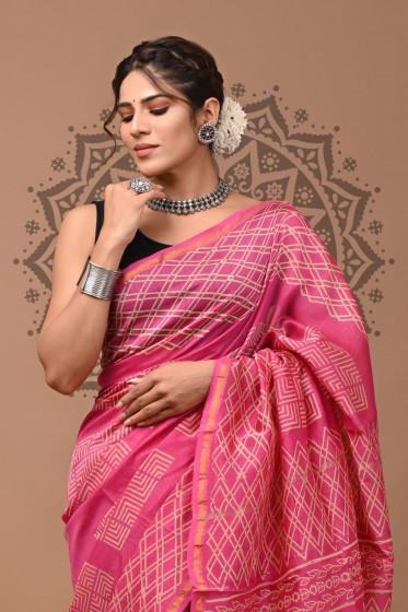  Box Print Chanderi Silk Saree - Hand Block Pink 