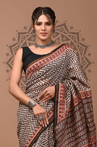  Chanderi Silk Saree - Hand Block Chevron 