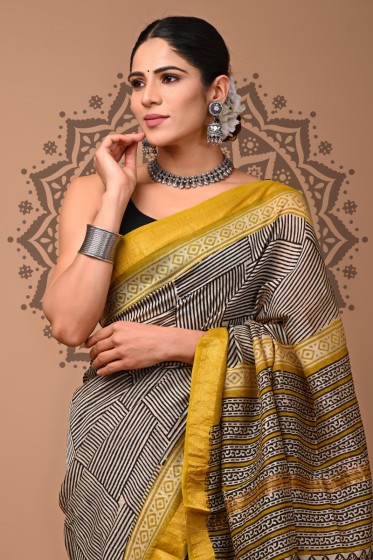  Maheshwari Silk Saree - Hand Block Black Yellow 