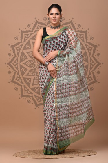  Kota Doriya Dabu Print Saree, Green White, Cotton Saree 