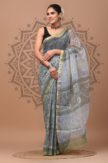  Kota Doriya Dabu Print Saree, Green, Cotton Saree 