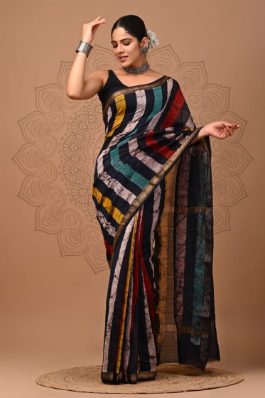  Maheshwari Sarees With  - Batik Printed Vertical Stripes 