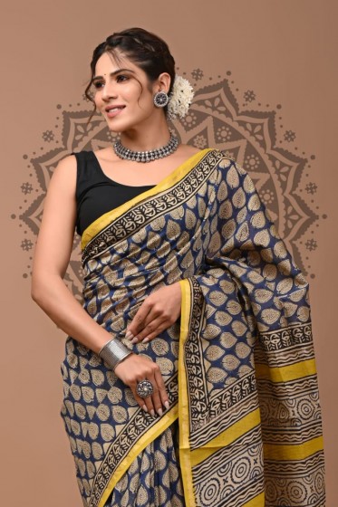  Chanderi Silk Saree - Hand Block - Blue Yellow Leaves 