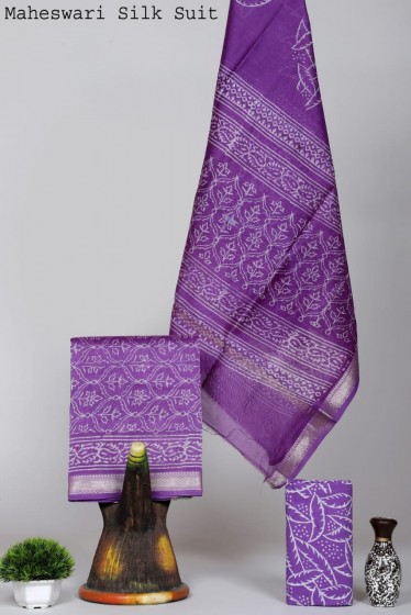  Maheshwari Silk Cotton Hand Block Purple Suit Fabric 