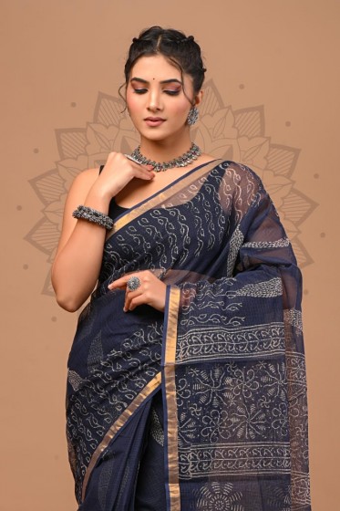  Kota Doriya Dabu Print Saree, Darkblue, Cotton Saree 