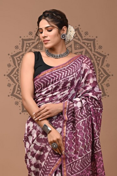  Chanderi Silk Saree - Hand Block - Purple Amby 