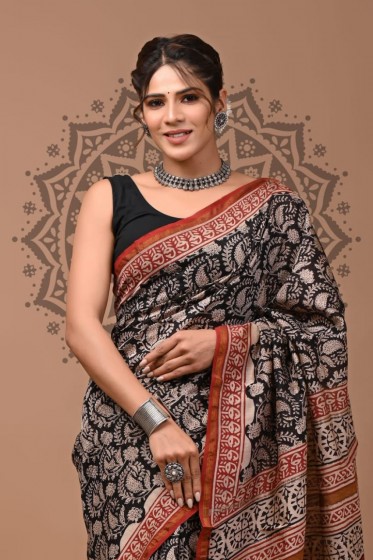  Chanderi Silk Saree - Hand Block Black Kairi 