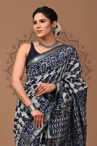  Maheshwari Silk Saree - Hand Block Blue Kairi 