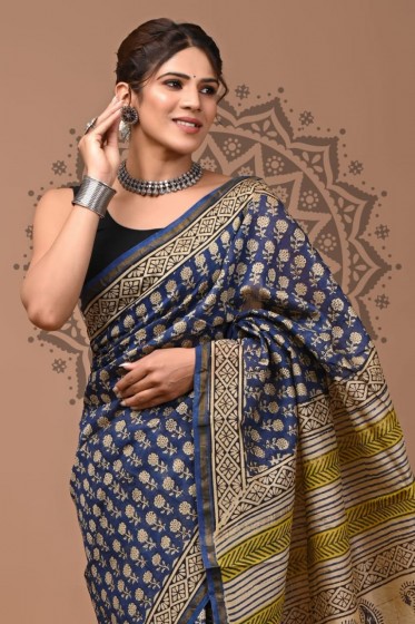  Chanderi Silk Saree - Hand Block Blue Yellow 